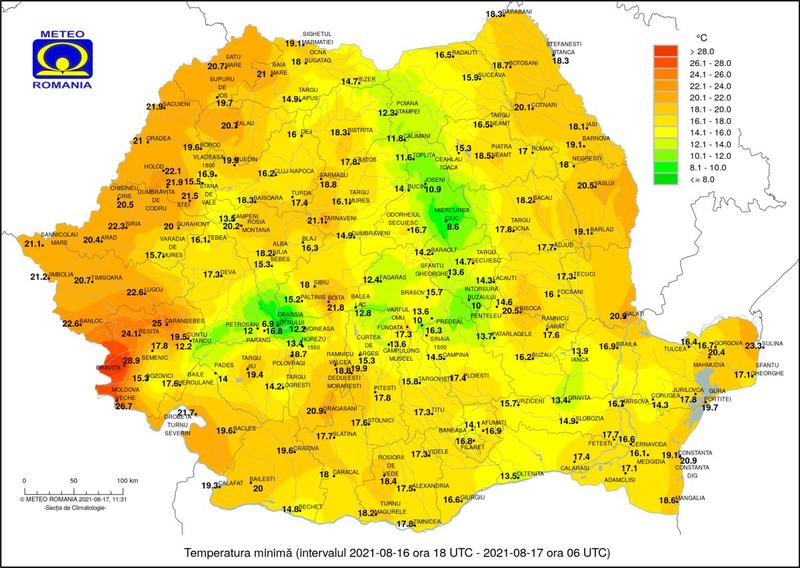 Minimele din Romania pe 17 august 2021, Foto: ANM