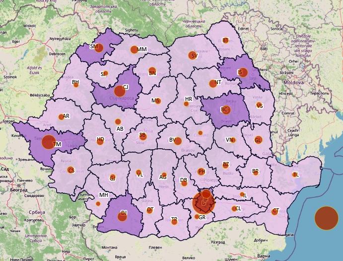 Cazuri noi de coronavirus - top judete - harta, Foto: geo-spatial.org