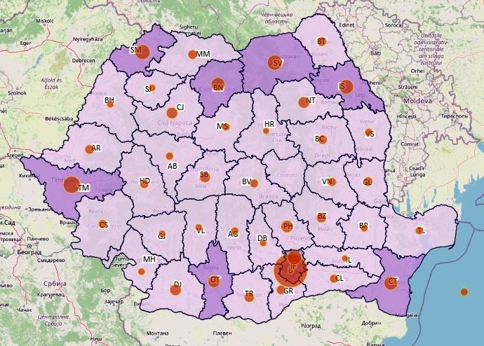 Cazuri noi de coronavirus - top judete 29 august - harta, Foto: geo-spatial.org