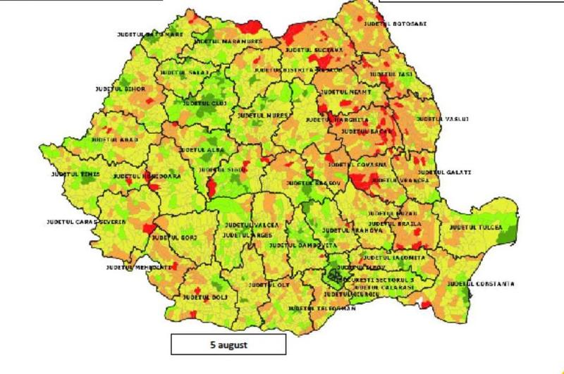 Harta vaccinarii in Romania, date valabile pentru 5 august, Foto: CNCAV