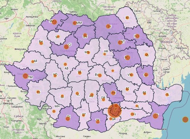 Cazuri noi de coronavirus - top judete 1 septembrie - harta, Foto: geo-spatial.org