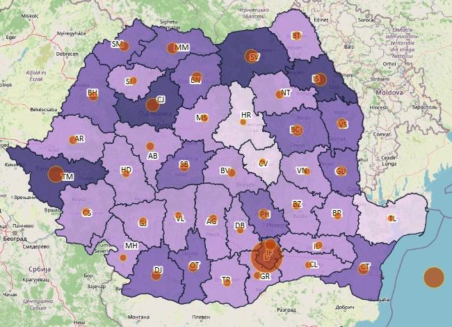 Harta cazuri noi COVID - judete - 15 septembrie 2021, Foto: geo-spatial.org