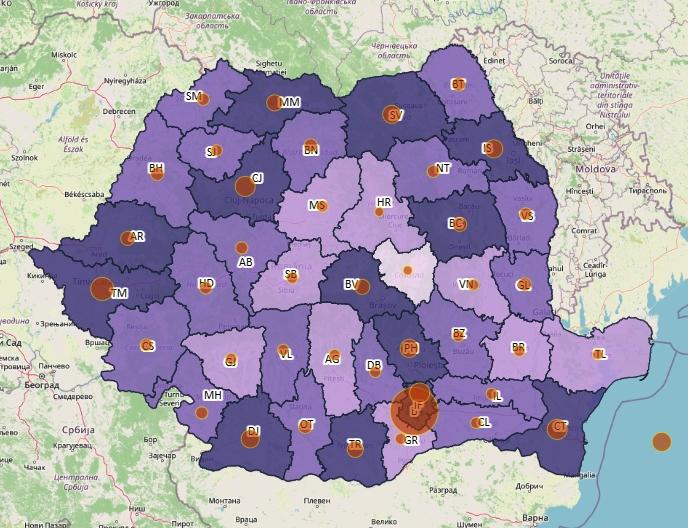 Cazuri noi COVID pe judete - harta - 21 septembrie, Foto: geo-spatial.org