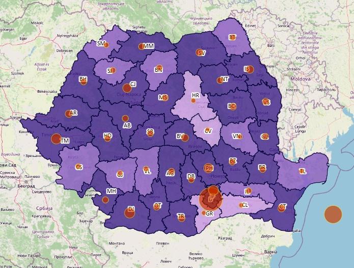 Harta cazuri noi COVID - judete - 29 septembrie 2021, Foto: geo-spatial.org