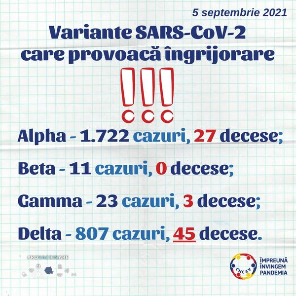 Raport INSP pe variantele de COVID in Romania pana la 5 septembrie, Foto: INSP