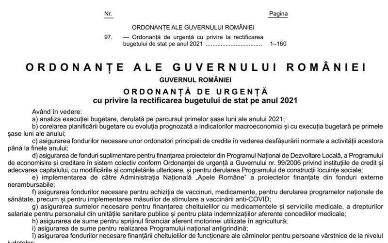 Prima Rectificare bugetară 2021, Foto: Monitorul Oficial