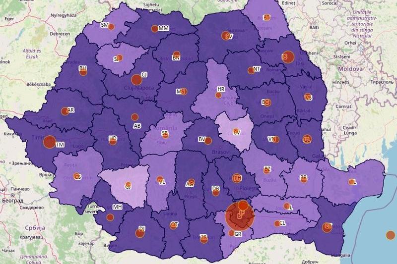 Cazuri noi COVID pe judete - harta - 1 octombrie 2021, Foto: geo-spatial.org