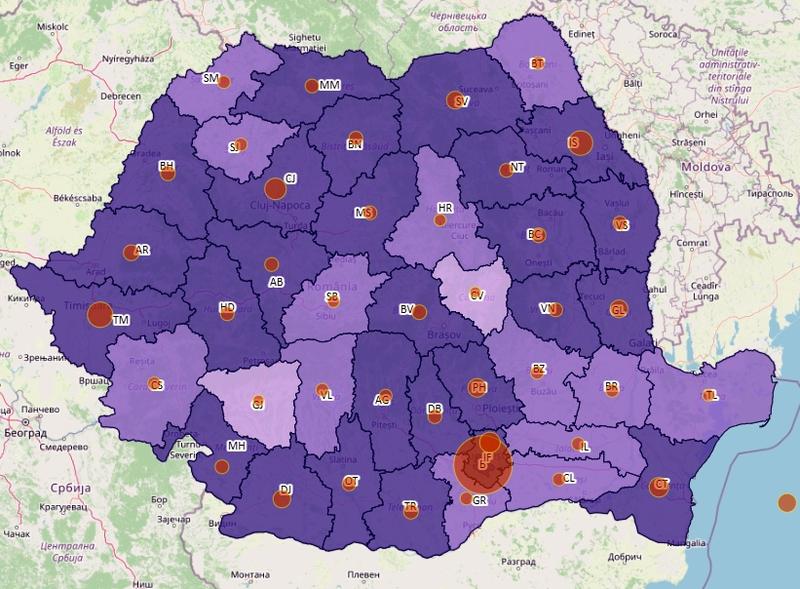 Cazuri noi COVID pe judete - harta - 1 octombrie 2021, Foto: geo-spatial.org