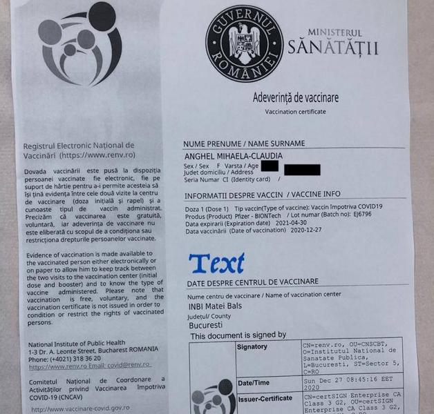 Adeverinta de vaccinare, Foto: Hotnews