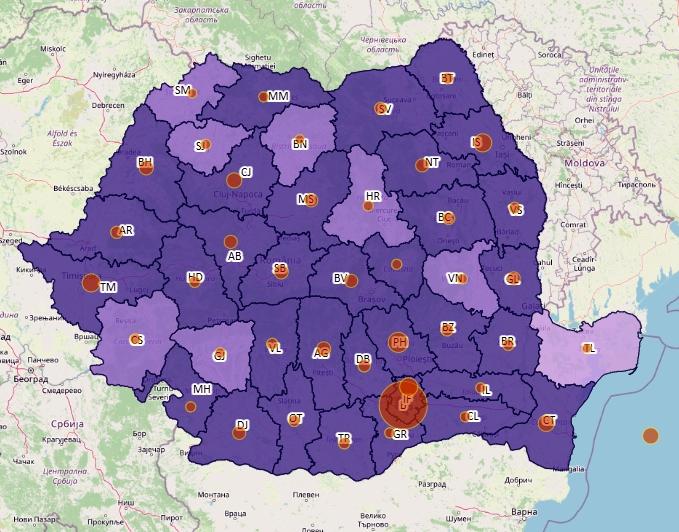 Cazuri noi COVID pe judete - harta - 14 octombrie 2021, Foto: geo-spatial.org