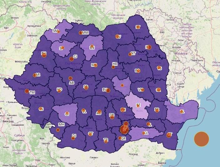 Cazuri noi COVID pe judete - harta - 19 octombrie 2021, Foto: geo-spatial.org