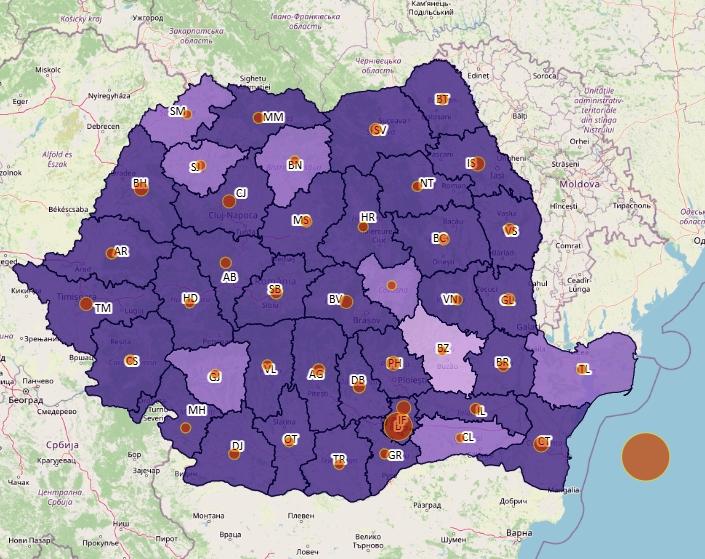 Cazuri noi COVID pe judete - harta - 19 octombrie 2021, Foto: geo-spatial.org