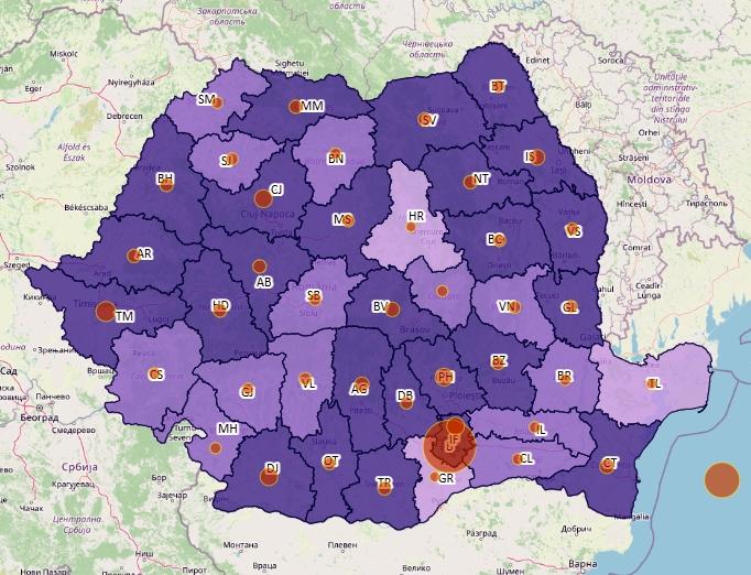 Cazuri noi COVID pe judete - harta - 2 octombrie 2021, Foto: geo-spatial.org