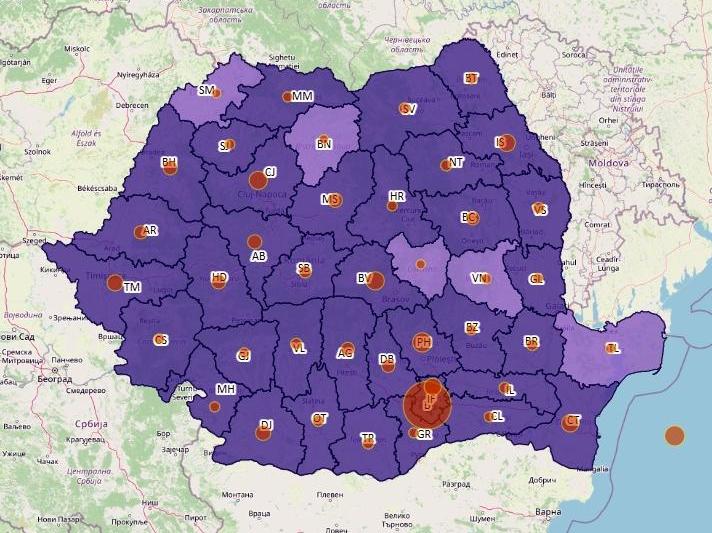 Cazuri noi COVID pe judete - harta - 21 octombrie 2021, Foto: geo-spatial.org