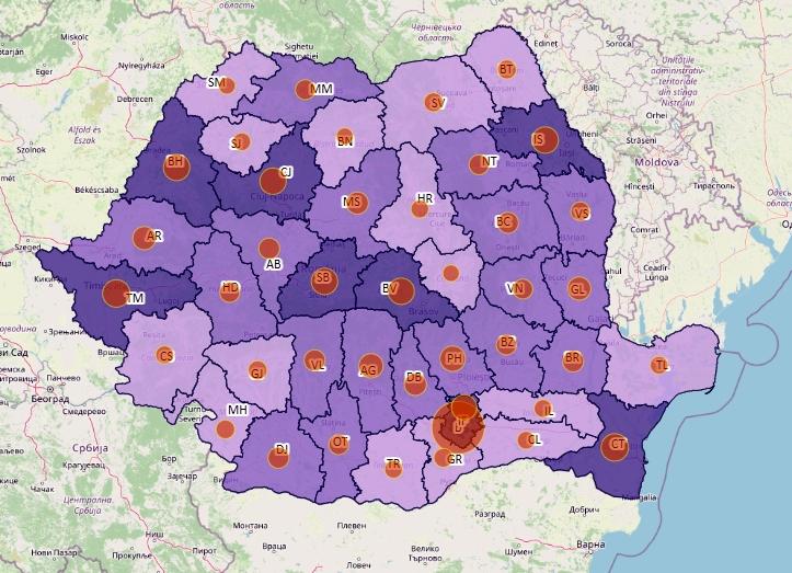 Cazuri noi COVID pe judete - harta - 29 octombrie 2021, Foto: geo-spatial.org