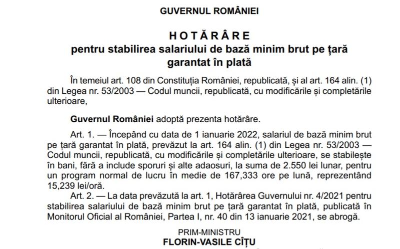 Salariul minim 2022, Foto: Monitorul Oficial