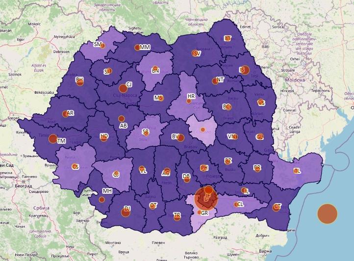 Cazuri noi COVID pe judete - harta - 7 octombrie 2021, Foto: geo-spatial.org