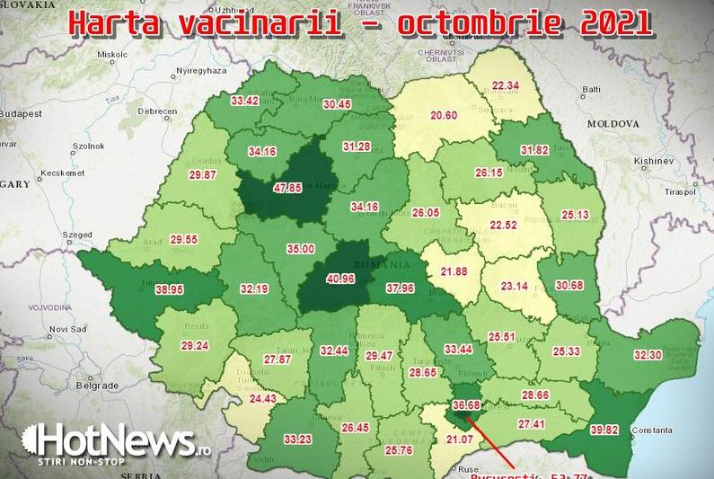 Harta vacinarii pe judete - octombrie 2021, Foto: Hotnews