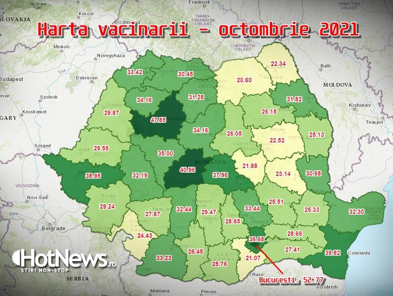 Harta vacinarii pe judete - octombrie 2021, Foto: Hotnews
