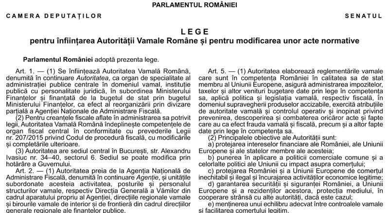 Lege infiintarea Autoritatii Vamale Romane, Foto: Monitorul Oficial