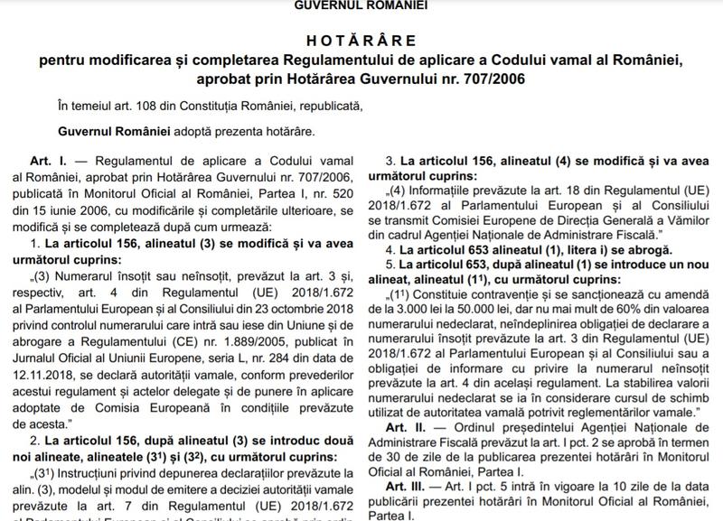 Hotarare amenda pentru numerarul nedeclarat, Foto: Monitorul Oficial