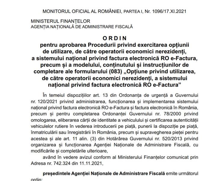 Ordin e-factura nerezidenti, Foto: Monitorul Oficial