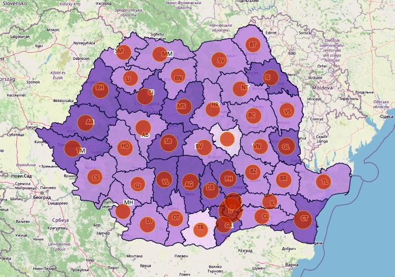 Cazuri noi COVID pe judete - harta - 2 noiembrie 2021, Foto: geo-spatial.org