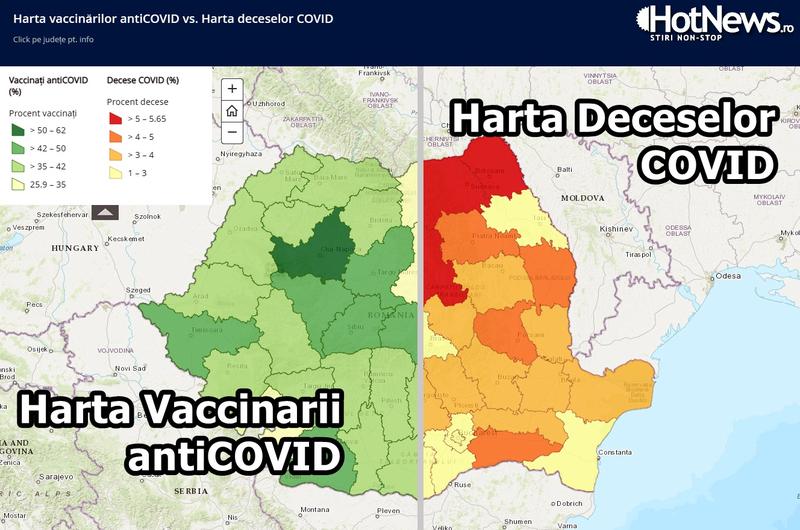 Harta vaccinarilor antiCOVID vs Harta deceselor COVID - interactiv, Foto: Hotnews