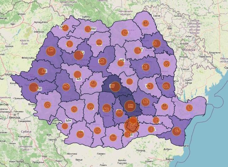 Cazuri noi COVID pe judete - harta - 5 noiembrie 2021, Foto: geo-spatial.org