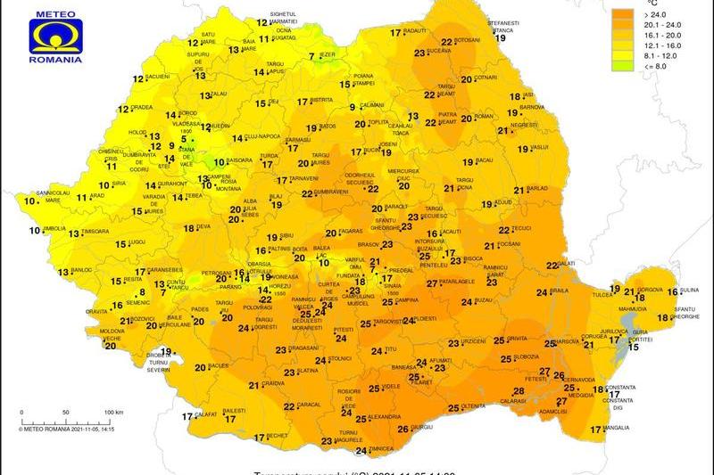 Temperaturile pe 5 noiembrie 2021 la ora 14, Foto: ANM