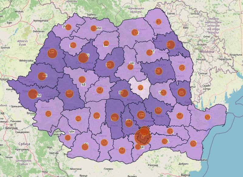 Cazuri noi COVID pe judete - harta - 6 noiembrie 2021, Foto: geo-spatial.org