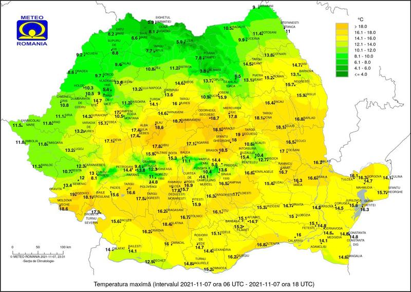 Maximele pe 7 noiembrie 2021, Foto: ANM