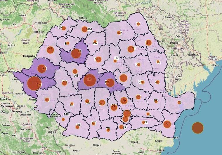 Cazuri noi COVID pe judete - harta - 13 decembrie 2021, Foto: geo-spatial.org