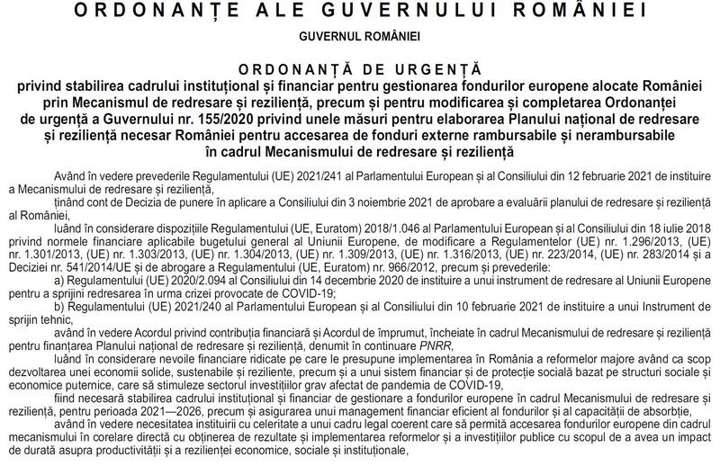 Ordonanța PNRR in Monitorul-Oficial, Foto: Captura Monitorul Oficial