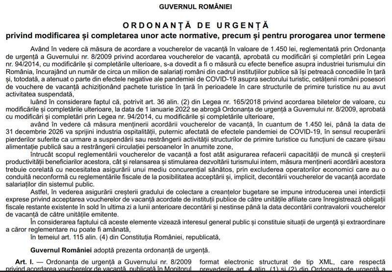 OUG Vouchere de vacanta 2022, Foto: Monitorul Oficial