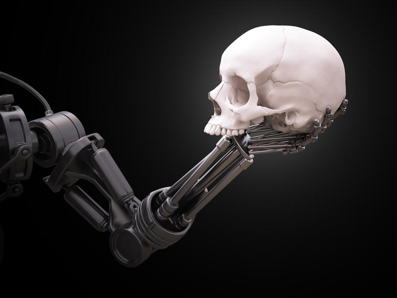 Brat robotic tinand un craniu uman, Foto: DreamsTime