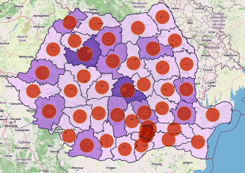 Cazuri noi COVID pe judete - harta - 18 decembrie 2021, Foto: geo-spatial.org