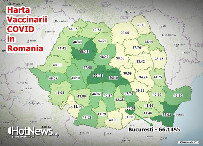 Harta vaccinarii in Romania - situatia in 24 decembrie 2021, Foto: Hotnews