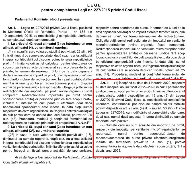 Lege modificare sponsorizari - 1 ianuarie 2022, Foto: Monitorul Oficial