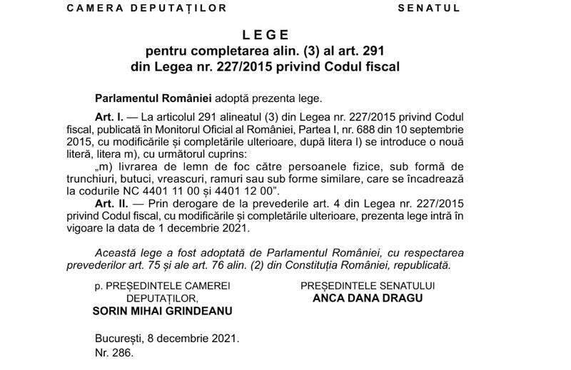 Lege TVA 5% livrare lemne de foc, Foto: Monitorul Oficial