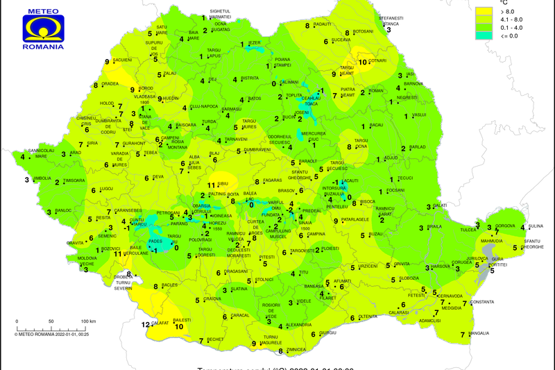 Temperaturile in tara la ora 0 pe 1 ianuarie 2022, Foto: ANM