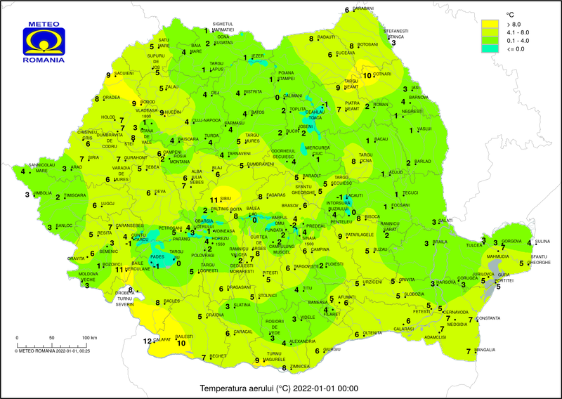 Temperaturile in tara la ora 0 pe 1 ianuarie 2022, Foto: ANM