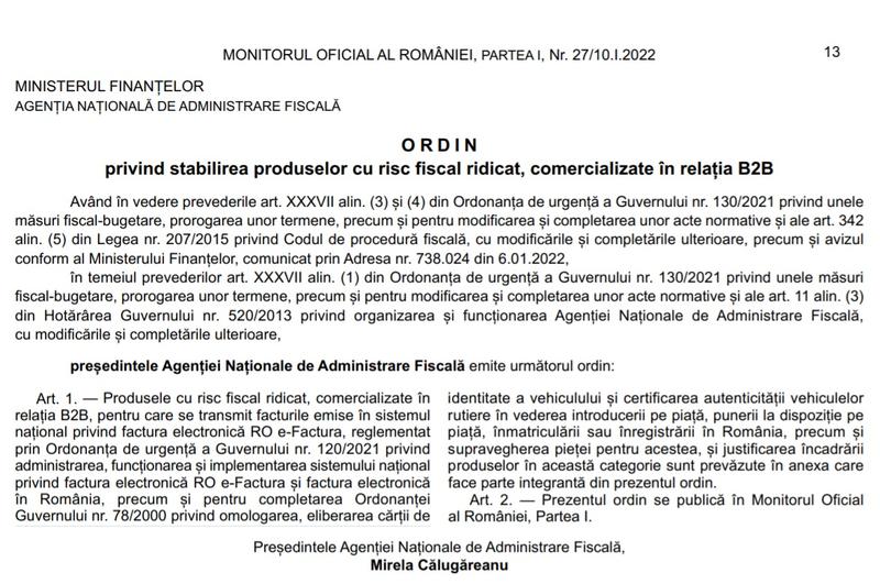 Ordin ANAF produse risc fiscal ridicat e-factura, Foto: Monitorul Oficial