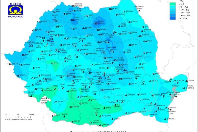 Temperaturile pe 13 ianuarie 2022 la ora 6, Foto: ANM