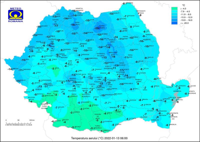Temperaturile pe 13 ianuarie 2022 la ora 6, Foto: ANM