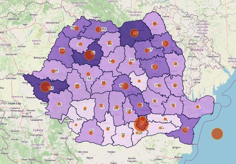 Topul judetelor - cazuri noi COVID - 13 ianuarie 2022, Foto: geo-spatial.org