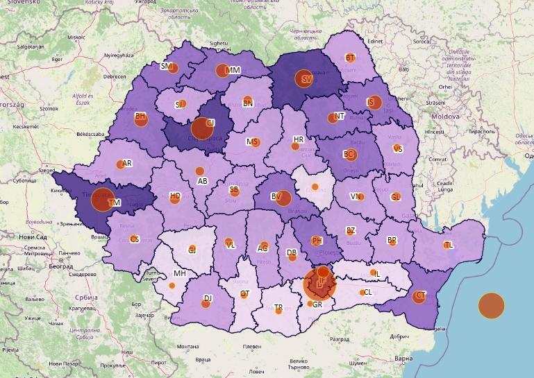 Topul judetelor - cazuri noi COVID - 13 ianuarie 2022, Foto: geo-spatial.org
