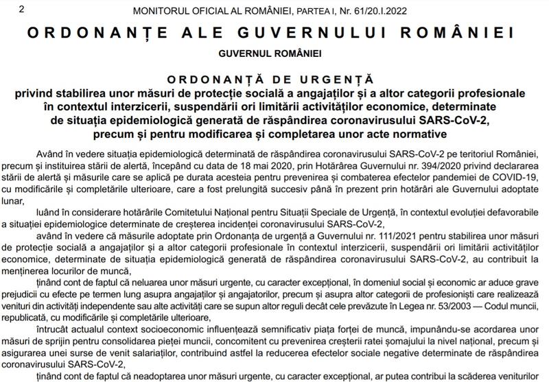 OUG prelungire somaj tehnic suportat de stat si extindere 41,5%, Foto: Monitorul Oficial
