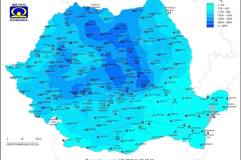 Temperaturile in tara in dimineata zilei de 25 ianuarie 2022, Foto: ANM