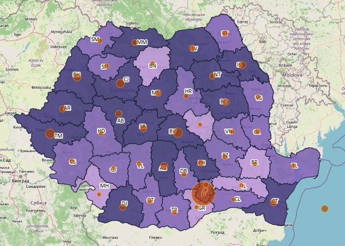 Topul judetelor - cazuri noi COVID - 30 ianuarie 2022, Foto: geo-spatial.org